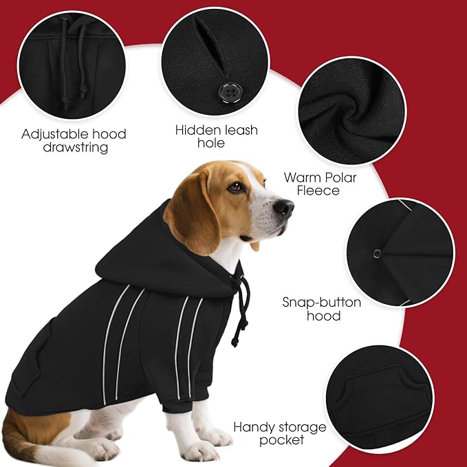 ASENKU Cozy Dog Hoodie，Soft Sweater with Adjustable Hood, Back Pocket and Leash Access Hole，Warm Reflective Sweatshirt for Cold Weather（Black，M