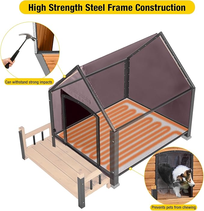 Dog House Outdoor, Insulated Dog Kennel Outside for Large Breed, 50.87" L Weatherproof Large Dog Shelter with Anti-Chewing Iron Frame (Brown-H, 45" D x 32.9" W x 32.6" H)