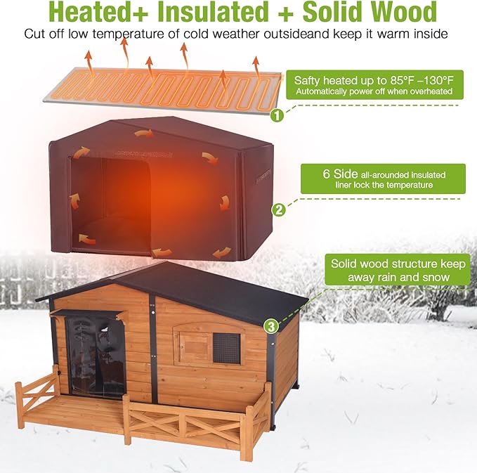 GUTINNEEN 60.3" L Extra Large Heated Dog House Outdoor Insulated Winter Dog Kennel with Thermostat-Controlled Heating Pad, Chew-Proof Metal Frame and 6-Sided Insulated Liner for Large Dogs
