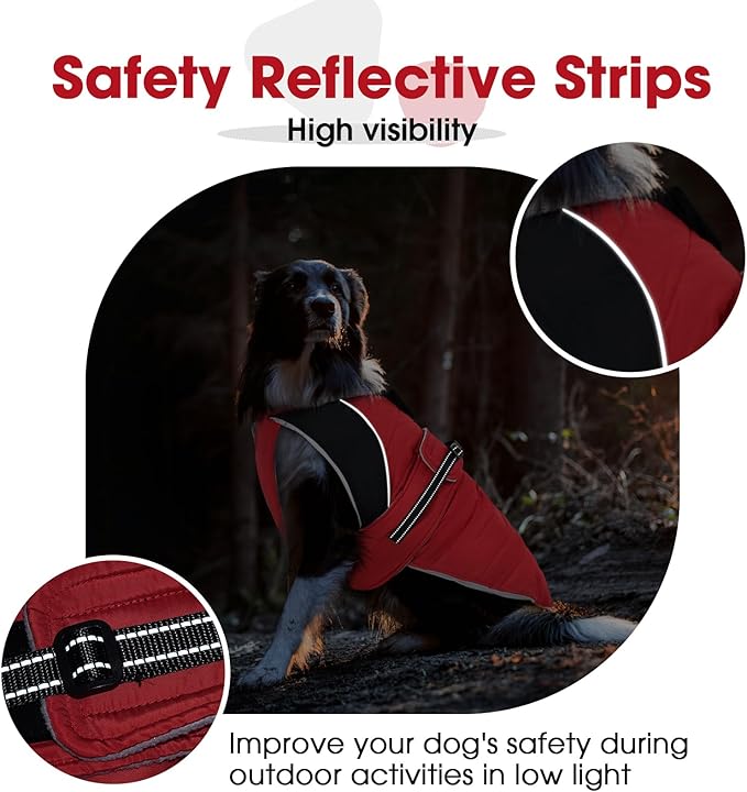 Nanaki Dog Coat Jacket for Large Dogs Winter Waterproof, Warm Fleece Lining Furry Collar Large Dog Jacket with Leash Hole, Reflective Cold Weather Pet Jacket Outdoor Walking Hunting,Easy On Red 3XL
