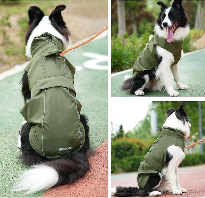 Waterproof Dog Raincoat, Adjustable Lightweight Dog Rain Jacket with Reflective Strip Leash Hole for Small Medium Large Dogs (Green, XX-Large(55-77lb))