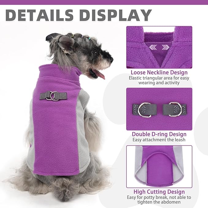 KOOLTAIL Small Dog Sweater - Dog Fleece Vest Jacket with Leash D-Ring for Small Medium Dogs, Soft Pullover Winter Warm Cold Weather Coats, Pet Fall Clothes Outfit for Puppy Cat Boys&Girls, Purple M