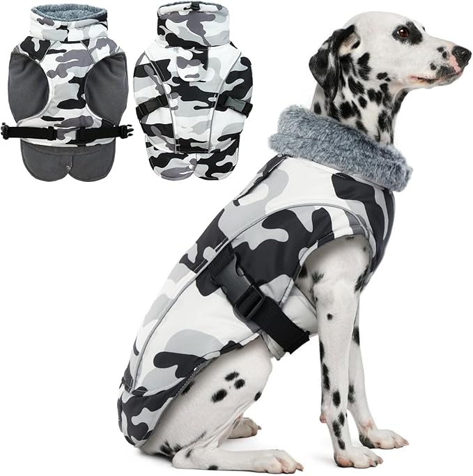 DENTRUN Extra Large Warm Dog Jacket - Windproof Water Repellent Reflective Coat, Adjustable Plush Turtleneck, Easy Wear Fleece Lined Cold Weather Vest for Great Dane, White Camo, XXXL