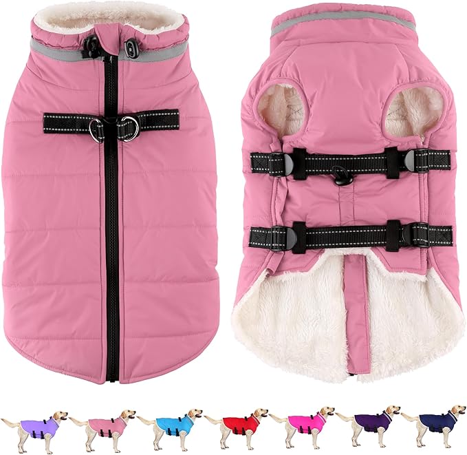 Dogcheer Dog Coat with Harness, Waterproof Dog Jacket Adjustable Winter Coat with Zipper, Christmas Puppy Snow Jacket Fleece Sweater for Small Medium Large Dogs - Light Pink XS