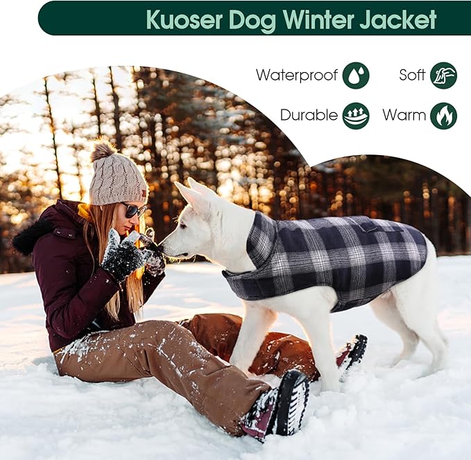 Kuoser Reversible Winter Coat, British Style Jacket for Medium and Large Dogs - Warm Windproof Puppy Cold Weather Clothes Vest, Blue L