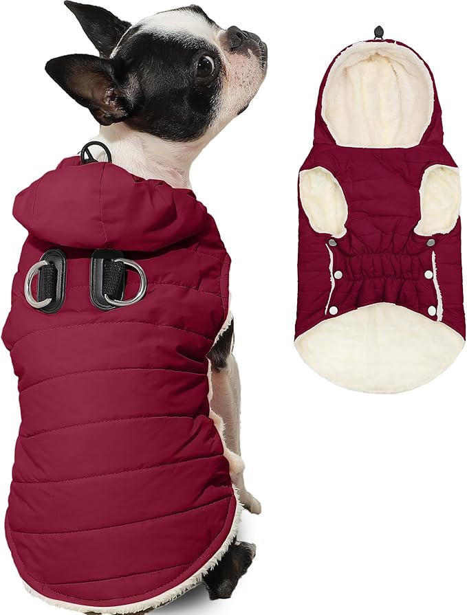 Fleece Lining Dog Hoodie with Harness Built in,Extra Warm Medium Dog Jacket in Winter Doggie Coats with Drawstring Hooded,Red L