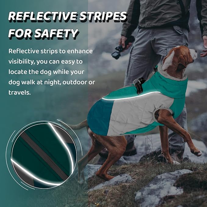 AOFITEE Dog Coat, Dog Winter Coat, Reflective Small Dogs Jacket with Harness Built in and Fleece Lined, Waterproof Pet Winter Jacket Warm Snowsuit for Small Medium Large Dogs, Green M