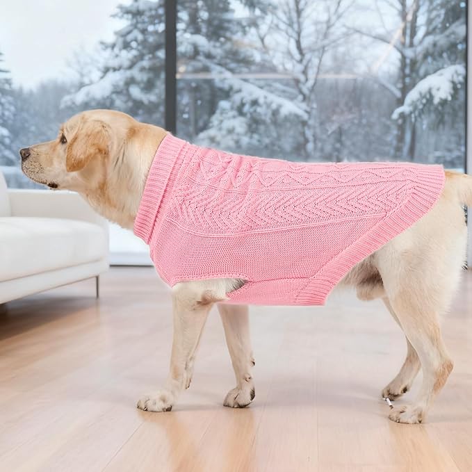 PUPTECK Dog Sweater, Turtleneck Warm Knitted Pullover Coat, Thick Cable Knitwear Clothes in Winter, Pet Apparel Outfits for Small Medium Dogs, for Cold Weather Indoor & Outdoor, Pink M