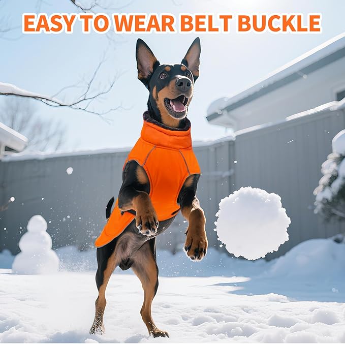 DENTRUN Small Dog Winter Warm Coat - Windproof Cozy Jacket, Thick Fleece Vest with Adjustable Belt, Water Repellent, Reflective Dog Sweater for Yorkie Dachshund Wear, Orange, S