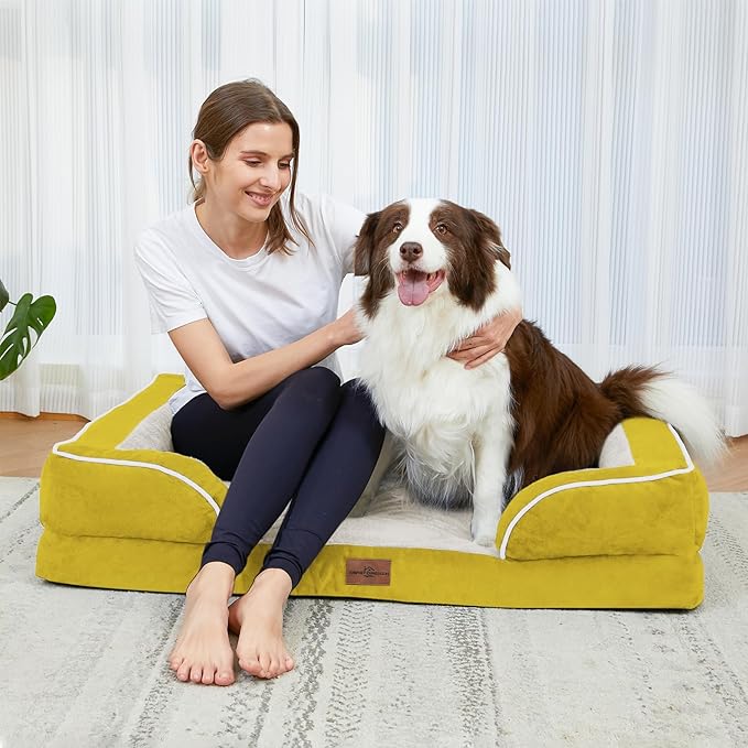 Comfort Expression Orthopedic Dog Bed for Large Dogs 38x25 Inch, Waterproof Egg Crate Foam Large Pet Bed with Removable Bolsters, Dog Couch with Washable Cover & Non-Slip Bottom, Spicy Mustard