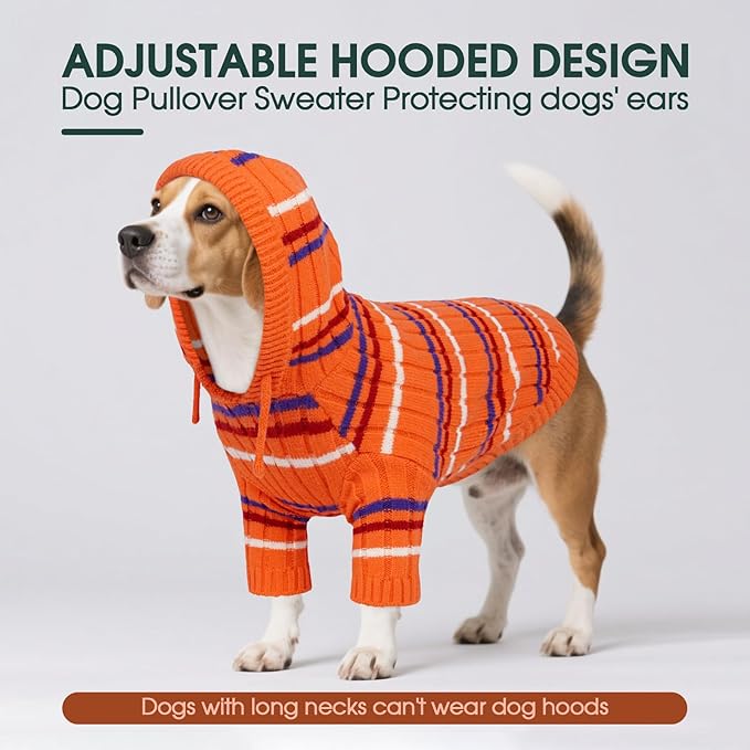 Kuoser Dog Sweater, Dog Sweaters for Large Dogs, Thanksgiving Christmas Large Size Dogs Pullover Sweater, Boy Girl Pet Cable Knitted Sweatshirt, Warm Hood Winter Clothes for Cold Weather, Orange L