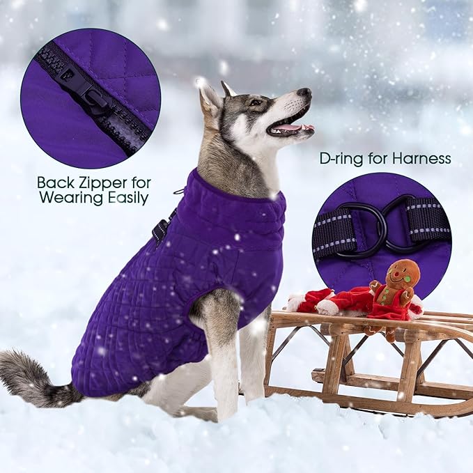 Kuoser XXL Winter Coat | Giant Breed Armor for Mastiffs & Great Danes | Zippers Secure Dogs in -20°F, Reflective Panels for Mountain Hikes, Purple XL