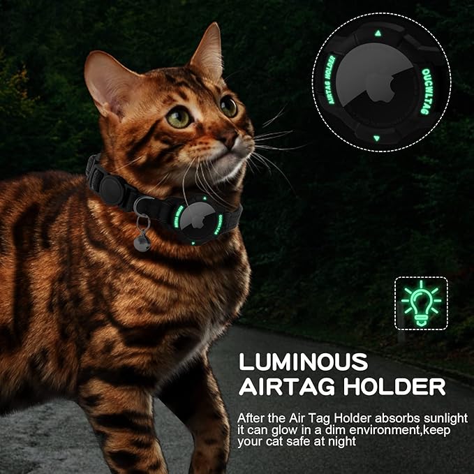Luminous AirTag Cat Collar Breakaway, OUCWLTAG GPS Cat Collar with Apple Air Tag Holder, Cat Tracker Collars with Safety Elastic Band for Girl Boy Cats, Kittens and Puppies (Black, 9-13 Inch)