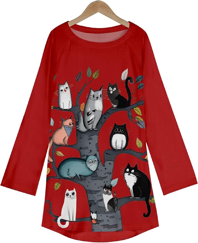 Womens Tunic Shirt Cute Cat Print Long Sleeve Round Neck Women T Shirts Cotton Casual Plus Size Vacation Tunics Tops