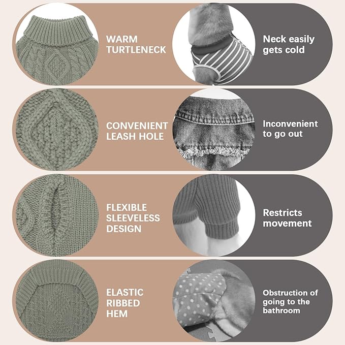 BINGPET Thermal Knitted Dog Sweater for Small Medium Large Dogs,Winter Dog Cat Coat Warm Sweartershirts Outfits,Classic Cable Knit Turtleneck Pullover Dog Jumper Coat Warm Sweartershirts