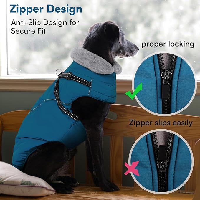 Queenmore Large Dog Coat,Dog Jacket for Extra Large Dogs with Harness Built in,Reflective Waterproof Dogs Jackets with Fleece Lining,Warm Snowsuit Pet Coats for Doberman,Labrador,Blue,XXL