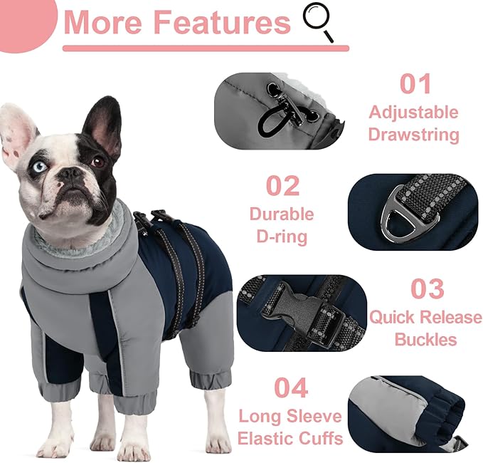 KOESON Four Legged Winter Coat, Warm Small Dog Jacket with Adjustable Buckles, Turtleneck Windproof Dog Fleece Jackets Reflective Fullbody Snowsuit Puffer Coat Blue Grey XS