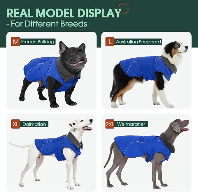 Kuoser Dog Coat, Extra Warm Dog Jacket Windproof Dogs Cold Weather Coats for Large Dogs, Fleece Lining Turtleneck Puppy Snowsuit Reflective Adjustable Pet Winter Clothes Christmas, Blue 2XL