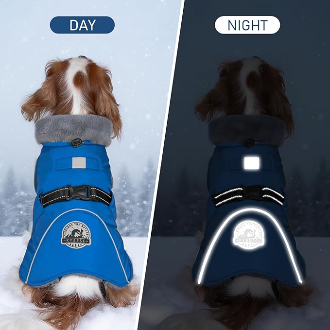 KYEESE Waterproof Dog Coat, Windproof Winter Jacket with Thick Fleece Lining, Extra Warm Turtleneck Dog Coats for Medium Dogs with Leash Hole and Reflective Design, Blue, X-Large