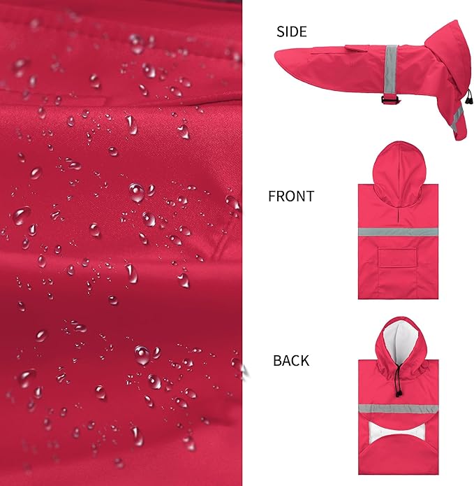 NACOCO Large Dog Raincoat Adjustable Pet Water Proof Clothes Lightweight Rain Jacket Poncho Hoodies with Strip Reflective (L, Red)