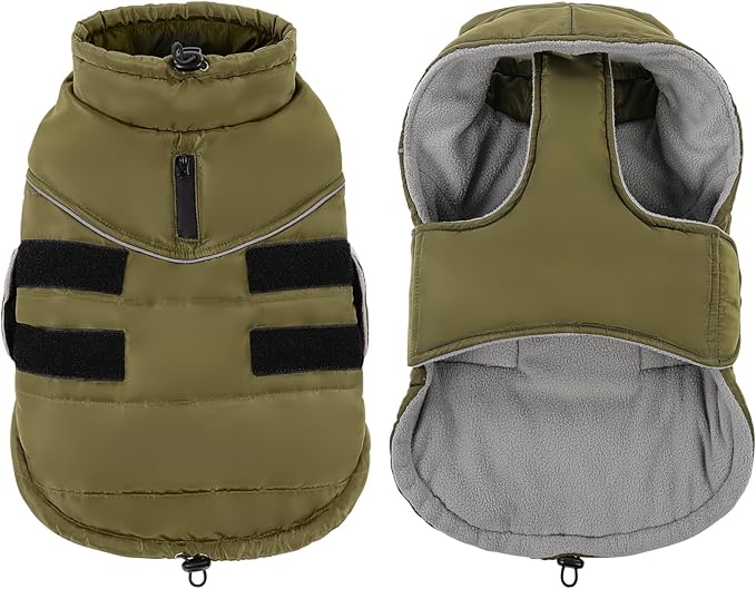 Peferhouse Extra-Large Dog Warm Winter Coat, Windproof Reflective Jacket with Harness Hole, Thick Dog Vest Jacket ArmyGreen XL