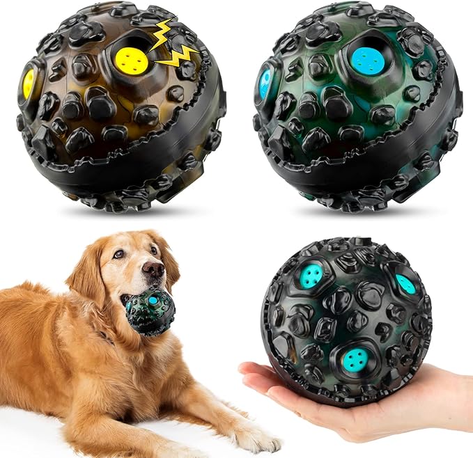 Honoson 2 Pcs Dog Ball for Aggressive Chewers, Indestructible Interactive Dog Toy with Squeaky Giggle, Elastic Rubber Wobble Chew Toy for Small Medium Large Dogs, Teeth Cleaning