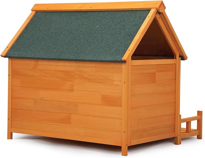Wooden Dog House, Indoor Outdoor Pet Shelter with Platform, PVC Curtain, Door, Asphalt Roof, Pet House for Small to Medium Sized Dogs, Orange