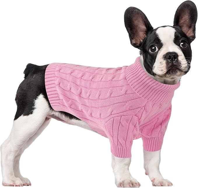 Small Dog Thermal Pullover Sweater, Classic Turtleneck Cable Knitwear Dog Clothes for Cold Weather Warm Pet Clothes for Chihuahua, Bulldog, Dachshund, Pug Pink Large