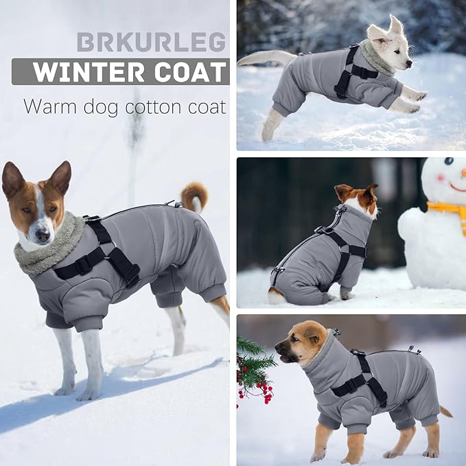 BRKURLEG Grey Dog Winter Coat, Cozy Winter Dog Jackets, Small Dogs Coat with Harness, Onesie Body Warm Puppy Jacket, Pet Reflective Windproof Cold Weather Jackets, Puppy Four-Legged Puffer Coats, M