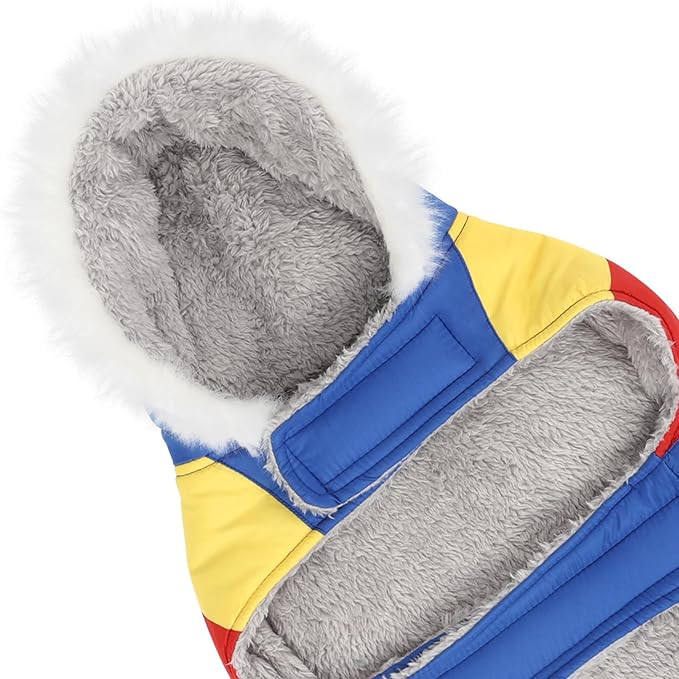 HDE Dog Puffer Jacket Fleece Lined Warm Dog Parka Winter Coat with Harness Hole 90s Colorblock - L