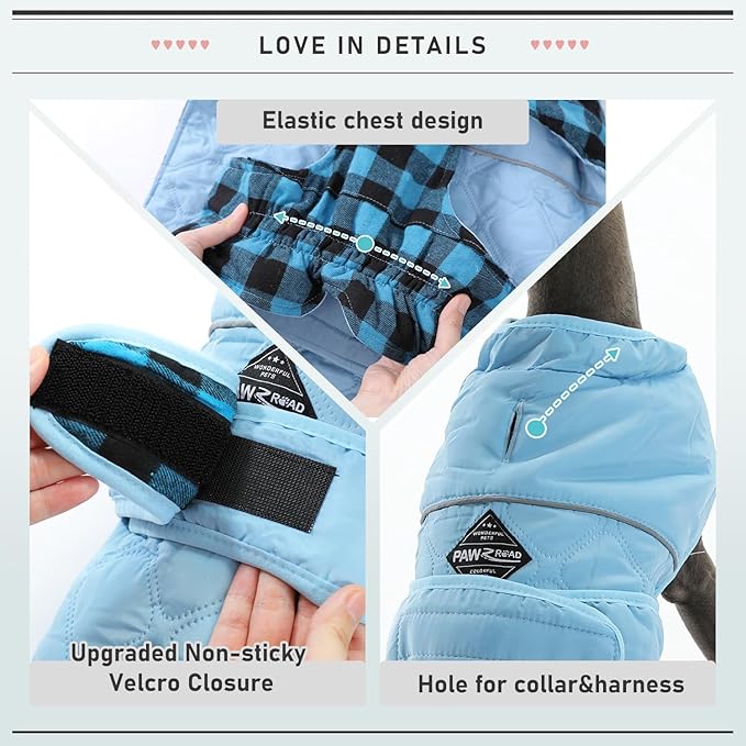 PAWZ Road Dog Winter Coat with 5 Layers Warm Material, Reversible Dog Clothes with 2 Sides, Dog Jacket Outdoor Water Repellent, (Blue Plaid S)