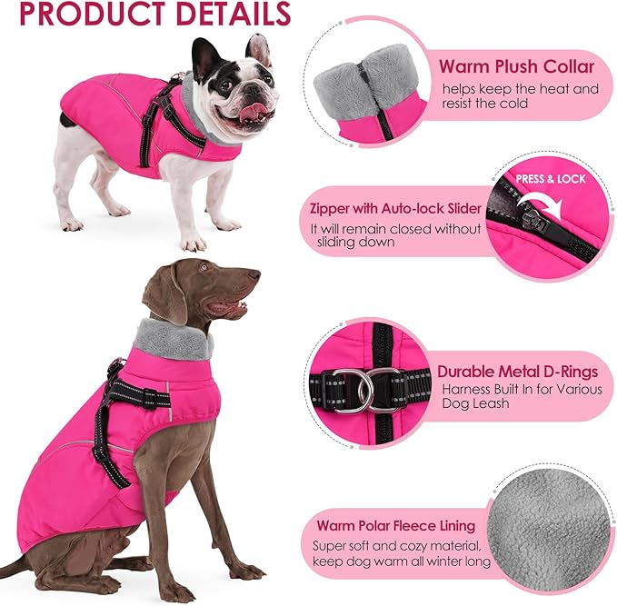 AOFITEE Small Dog Coat, XS Dog Jacket Winter with Harness Built in, Warm Fleece Puppy Coat, Waterproof Pet Puffer Jacket Snowsuit with Zipper, Reflective Dogs Cold Weather Coats Sweater, Pink XS