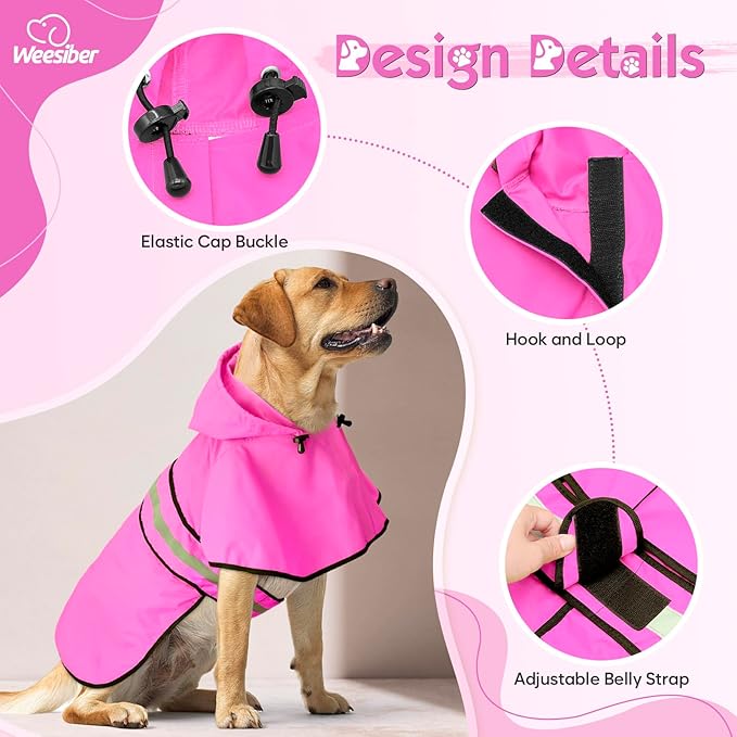 Weesiber Dog Raincoat, Waterproof Dog Rain Jacket with Leash Hole, Lightweight Reflective Pet Rain Coat for Walking (XL, Pink)