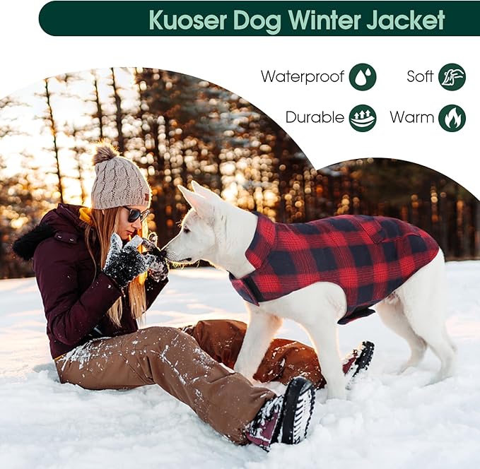 Kuoser Reversible Winter Coat, British Style Jacket for Medium and Large Dogs - Warm Windproof Puppy Cold Weather Clothes Vest, Red L