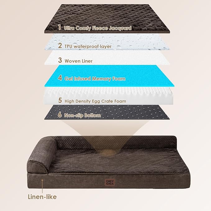 EHEYCIGA Memory Foam Dog Bed XLarge Sized Dogs, Extra Large Dog Bed Orthopedic with Washable Removable Cover, Waterproof XL Pet Bed Couch, 44x33x6 Inches, Brown