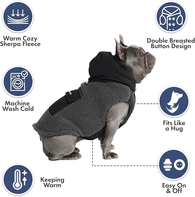 Spark Paws Reversible Dog Sweater, Sherpa Vest with Warm Fleece Lining, Warm Coat for Winter, Suitable for Small Medium, Large, XL XXL Dogs - Black and Grey - S