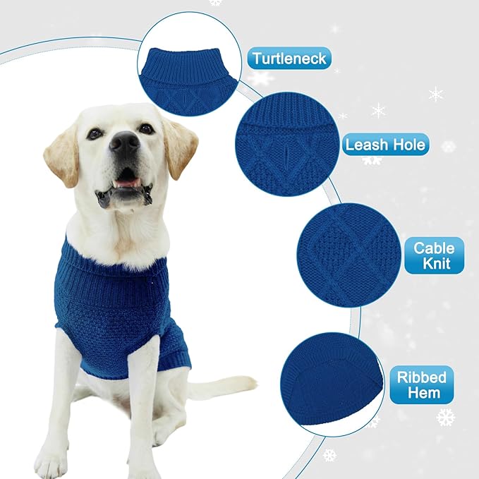 Mihachi Turtleneck Dog Sweater - Winter Coat Apparel Classic Cable Knit Clothes with Leash Hole for Cold Weather, Ideal Gift for Pet in New Year Royal Blue M-Largel