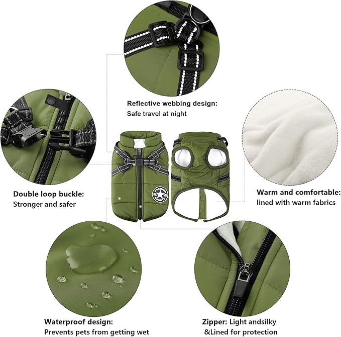 Aiboria Dog Jackets for Winter Windproof Waterproof 2 in 1 Outfit Cold Weather Coat Dog Vest Harness Puppy Winter Warm Jacket Green 4XL