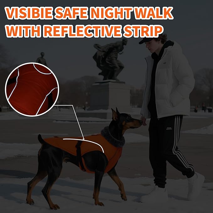 DENTRUN Large Dog Winter Coat - Windproof Reflective Warm Coat, Adjustable Neck & Snap Closure, Water Repellent Thick Fleece Vest, Fleece Lined for for Golden Retriever, Orange, XL