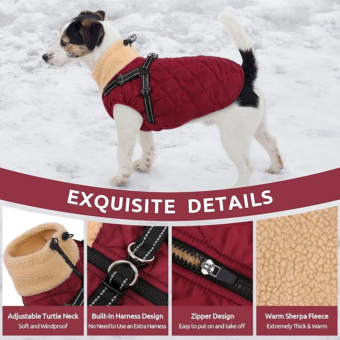 Queenmore Dog Winter Jacket, Dog Coats for Large Dogs, Warm Cozy Pet Jacket Winter with Harness Built in, Waterproof Pet Snow Jacket, Thick Fleece Lining Snowsuit for Large Dogs, Burgundy L