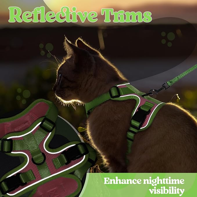 rabbitgoo Cat Harness and Leash Set, Escape Proof Soft Adjustable Vest Harnesses for Outdoor Walking, Easy Control Breathable Kitten Jacket with Reflective Strips, Pink & Light Green, M