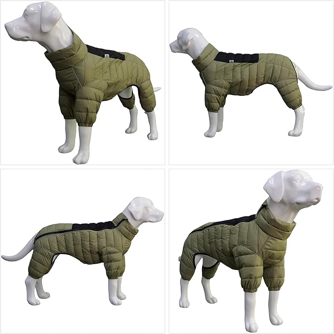 Lovelonglong Dog Coat Dog Warm Jacket, 4 Legs Covered Waterproof Windproof Reflective Warm Dog Vest, Zippered Adjustable Outdoor Dog Snow Jacket for Small Medium Large Dogs Olive Green XXL