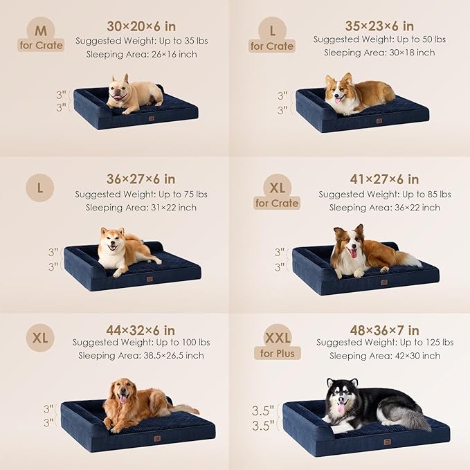 EHEYCIGA Memory Foam Dog Bed Large Sized Dogs, Waterproof Dog Bed Orthopedic with Washable Removable Cover, Non-Slip Pet Bed Couch, 36x27x6 Inches, Navy Blue