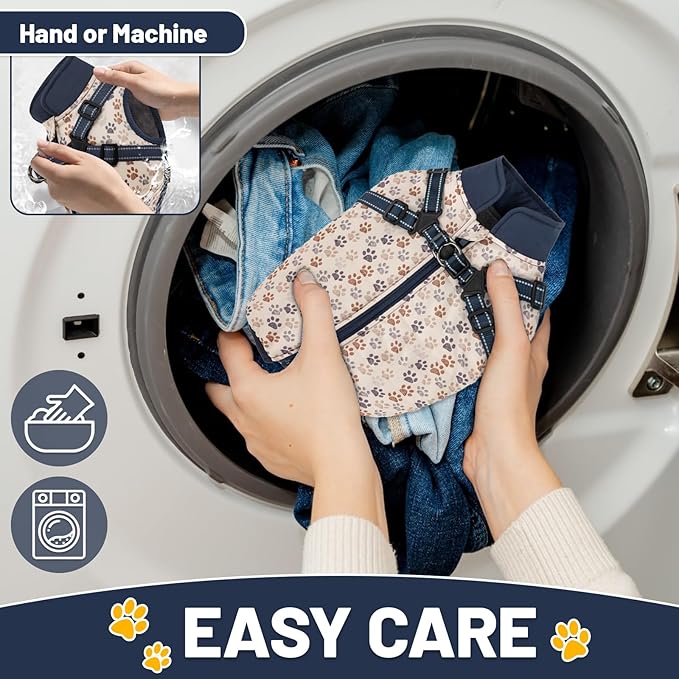 Dog Winter Coat for Small & Medium Dogs (Up to 31lb), Waterproof Dog Coat with Harness, Puppies Windproof Puppy Puffer Jacket, Snowsuit for Dachshund,Frenchie, Corgi (Paw Blue, Small)
