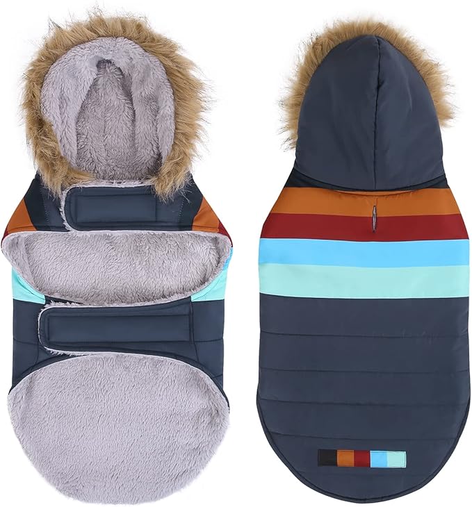 HDE Dog Puffer Jacket Fleece Lined Warm Dog Parka Winter Coat with Harness Hole Navy Retro Stripe - M
