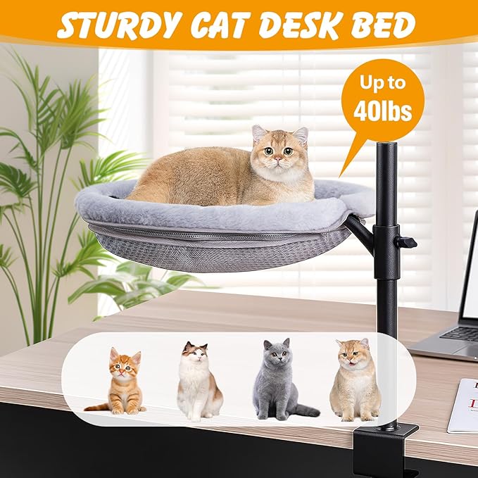 Cat Desk Bed,Sturdy Cats Bed for Desk,360° Rotating Cat Hammock Perch with Removable Washable Cover,Height Adjustable,Holds 40lbs - Perfect for Indoor CatsPerch
