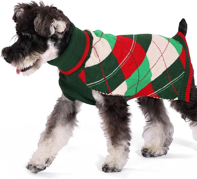 KOOLTAIL Dog Christmas Sweater Pet Knitted Clothes - Classic Plaid Pull Over Turtleneck Dog Sweaters with Leash Hole Warm Dogs Winter Clothing for Small Medium Dogs Cats Puppy Boy Girl Red & Green XS