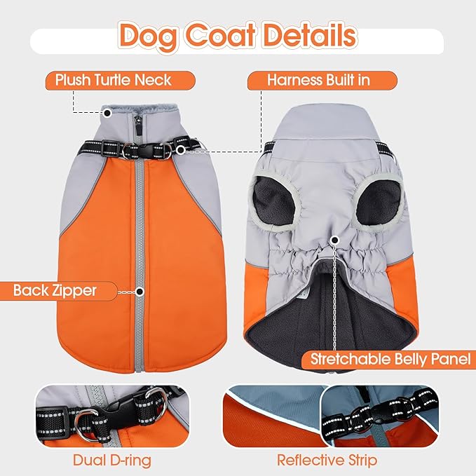 DENTRUN Dog Coat with Harness Built in, Cold Weather Dog Jacket Windproof Water-Repellent, Plush Turtle Neck Reflective Coat for Beagle, Orange, M