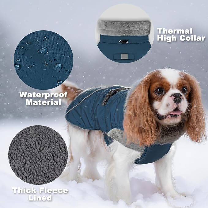 KYEESE Waterproof Dog Coat, Warm Windproof Jacket,Turtleneck Winter Dog Coats for Small Dogs with Leash Hole, Reflective Pet Clothes & Outdoor Apparel,Thick Fleece-Lined Winter Jacket,Navy Blue, Large