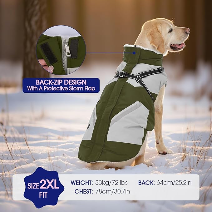FUAMEY Dog Winter Jackets for Small Dogs,Dog Coat with Harness Built in,Waterproof Dogs Snowsuits Warm Pet Jacket Zip Up Fleece Cold Weather Coats Reflective Puppy Vest with Pocket Green XS